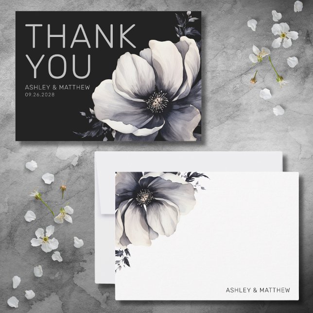 Moderne Schwarze Flora Hochzeit Dankeskarte (Modern Black Floral Wedding Thank You Card)
