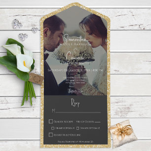 Moderne schwarze Foto-Dinnerparty mit Goldglitter All In One Einladung