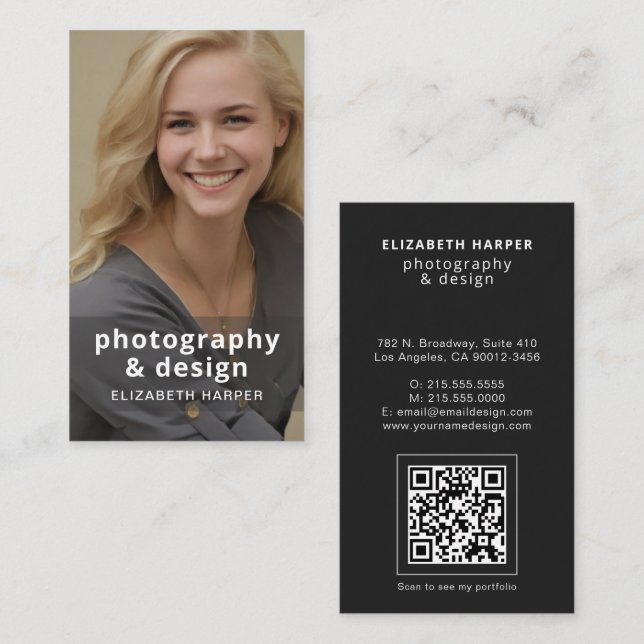 Moderne schwarze Foto-QR-Code professionell elegan Visitenkarte (Vorne/Hinten)
