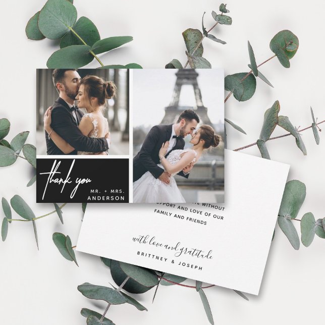Moderne Schwarze Fotocollage Hochzeit (Two photo hand lettered thank you wedding card with a minimalistic design perfect for any couple.)