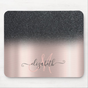 Moderne schwarze Glitter Ombre Roségold-Monogramm Mousepad