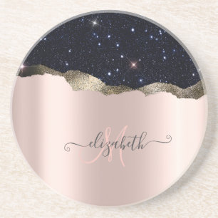 Moderne schwarze Glitter-Roségold-Monogramm Getränkeuntersetzer