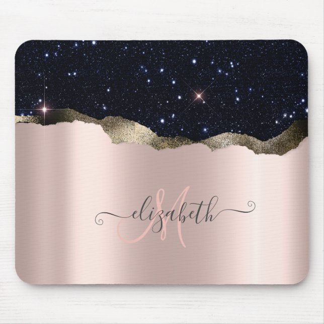 Moderne schwarze Glitter-Roségold-Monogramm  Mousepad (Vorne)