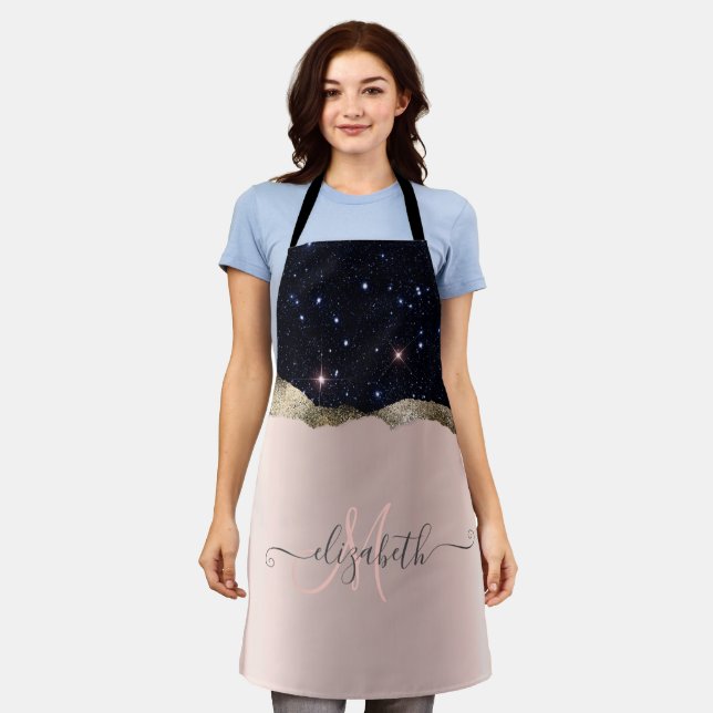 Moderne schwarze Glitter-Roségold-Monogramm  Schürze (Getragen)