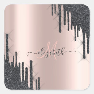 Moderne schwarze Glitter-Tropfen Rose-Gold-Monogra Quadratischer Aufkleber