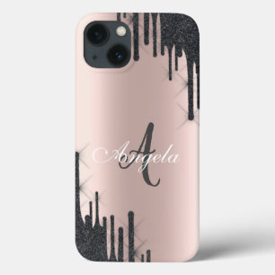 Moderne schwarze Glitter-Tropfen Roségold, Monogra Case-Mate iPhone Hülle