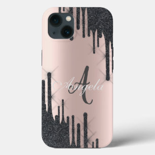 Moderne schwarze Glittertropfen, Roségold, Monogra Case-Mate iPhone Hülle