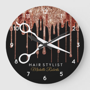 Moderne Schwarze Glitzer-Friseurin Große Wanduhr