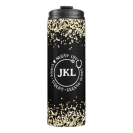 Moderne Schwarze Glitzer Monogram Stethoscope Nurs Thermosbecher