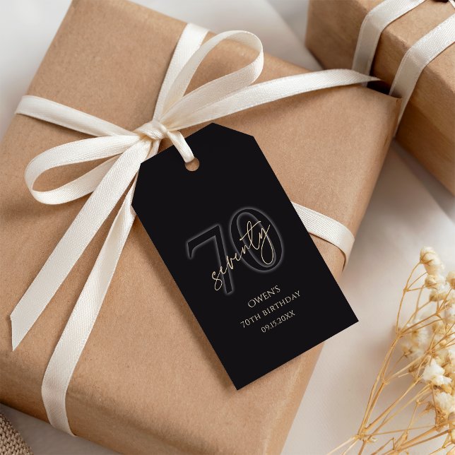 Moderne Schwarze Gold 70. Geburtstagsfeier Geschenkanhänger (Modern Black Gold 70th Birthday Party Gift Tags)