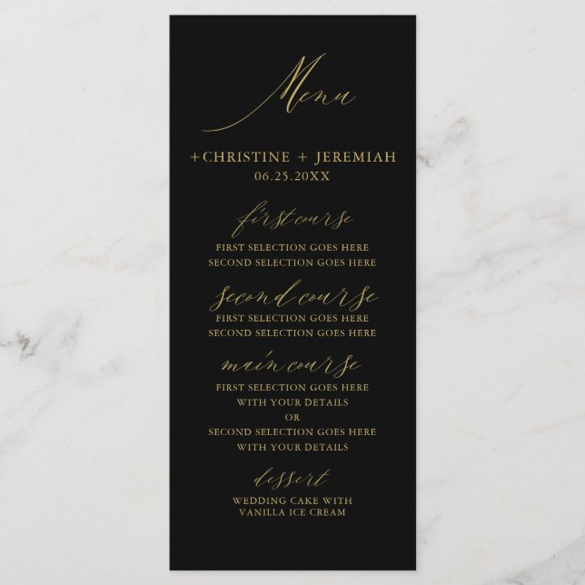 Moderne Schwarze Gold Elegante Script Hochzeit Menükarte (Vorderseite)