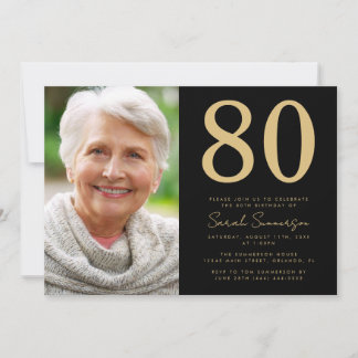 Moderne schwarze Gold-Foto 80. Geburtstag Einladung