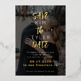 Moderne schwarze Gold-Foto-Hochzeit Termin merken  Folieneinladung