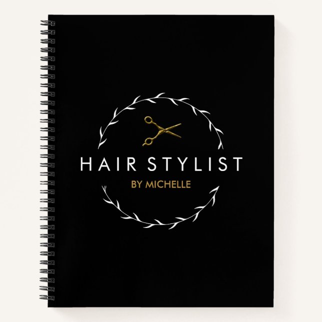 Moderne schwarze Gold-Friseurin Notizbuch (Vorderseite)