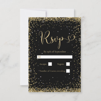 Moderne schwarze Gold-Glitter-Hochzeit RSVP Karte