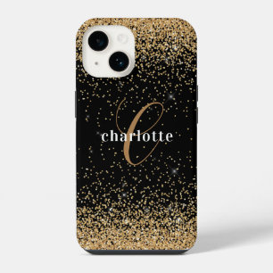 Moderne schwarze Gold-Glitter-Monogramm-Party mit iPhone 14 Hülle