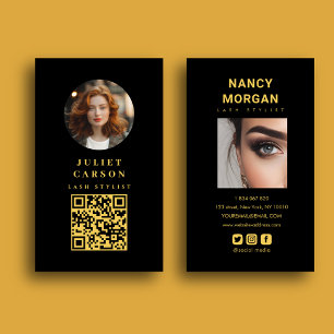 Moderne schwarze Gold-Lash-Stylist QR-Code-Foto Visitenkarte