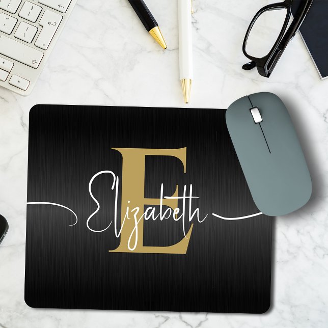 Moderne Schwarze Gold Mit Monogramm Girly Elegante Mousepad (Von Creator hochgeladen)