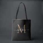 Moderne Schwarze Gold Monogram Girly Feminine Scri<br><div class="desc">Moderne Black Gold Monogram Girly Feminine Script Name Initial Tote Bag</div>