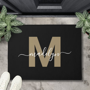 Moderne schwarze Gold-Monogramm-Name Fußmatte