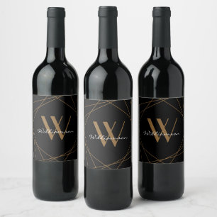 Moderne schwarze Gold-Monogramm-Name-Script-Geomet Weinetikett