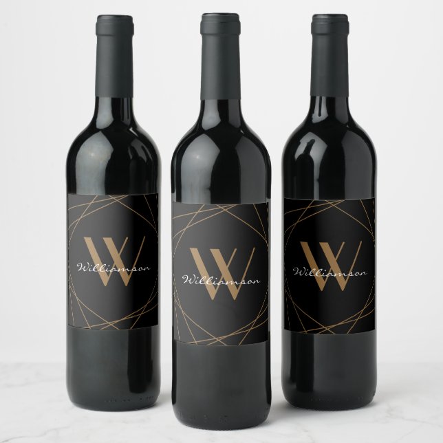 Moderne schwarze Gold-Monogramm-Name-Script-Geomet Weinetikett (Flaschen)