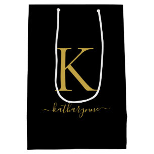 Moderne schwarze Gold-Monogramm-Schrift Name Mittlere Geschenktüte