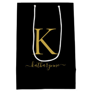 Moderne schwarze Gold-Monogramm-Schrift Name Mittlere Geschenktüte