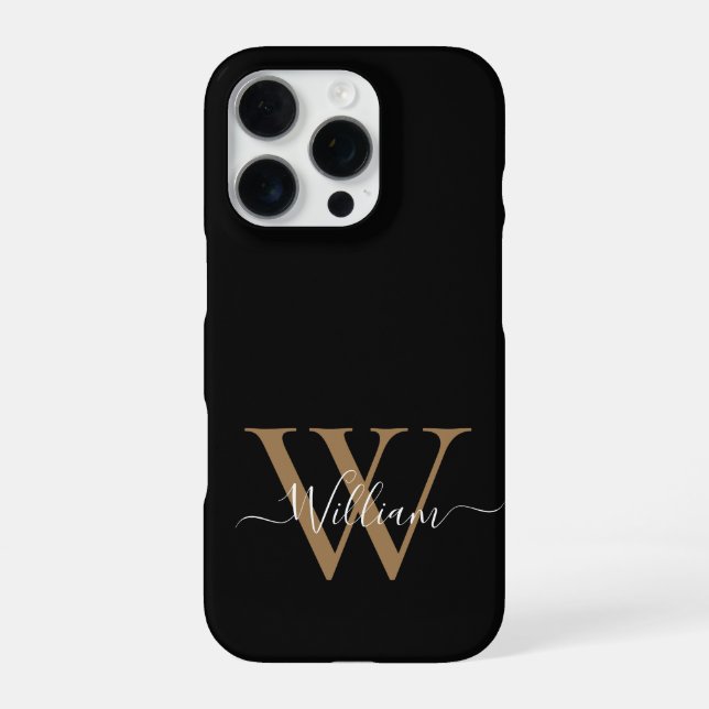 Moderne schwarze Gold-Monogramm-Schriftart Name iPhone Hülle (Rückseite)