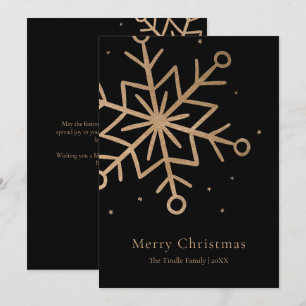Moderne schwarze Gold-Schneeflocken-Schrift Weihna Feiertagskarte