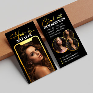 Moderne schwarze Gold-Sparkle-Foto-Friseurin Visitenkarte