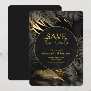 Moderne schwarze Gold tropische Hochzeit retten da Einladung