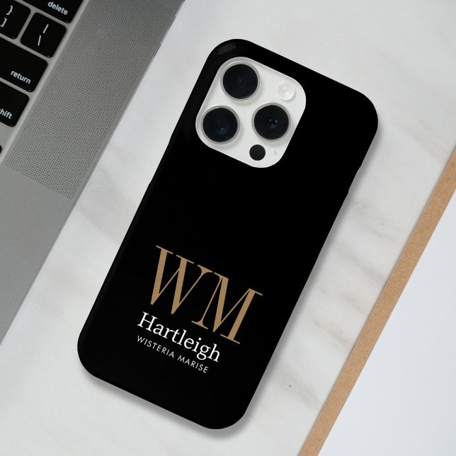Moderne schwarze Gold weiße Monogramm Name Case-Mate iPhone Hülle (Von Creator hochgeladen)