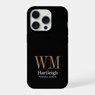 Moderne schwarze Gold weiße Monogramm Name iPhone 15 Pro Hülle