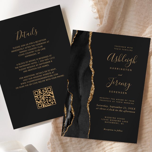 Moderne schwarze Goldachat-Dunkle QR-Code-Hochzeit Einladung (Von Creator hochgeladen)
