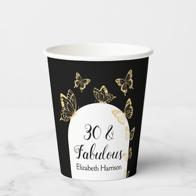 Moderne Schwarze Goldbarren Schmetterlinge fabelha Pappbecher (Rückseite)