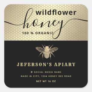 Moderne schwarze Goldbiene Drehbuch Honey jar Clas Quadratischer Aufkleber