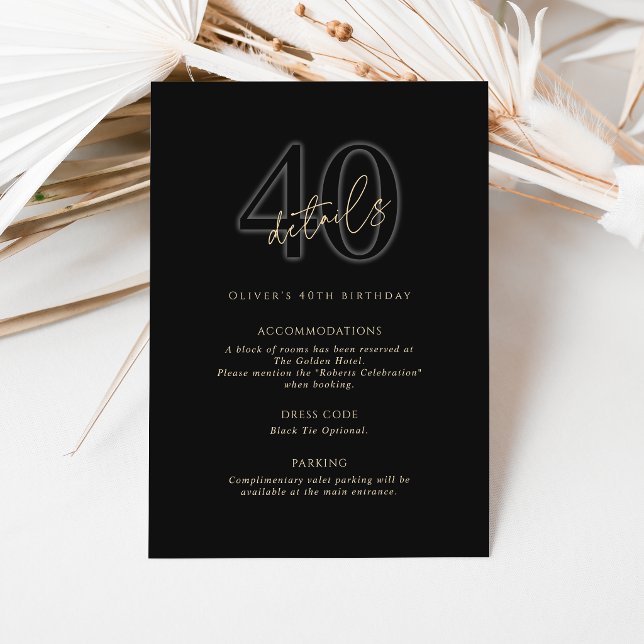 Moderne Schwarze Goldene 40. Geburtstagsfeier Deta (Modern Black Gold 40th Birthday Party Details Card)
