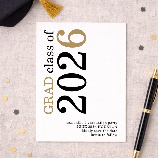 Moderne schwarze Goldene Abschlussfeier 2026 Save The Date (Von Creator hochgeladen)