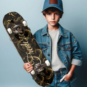 Moderne schwarze goldene Blattwirbel Dekorative Ku Skateboard