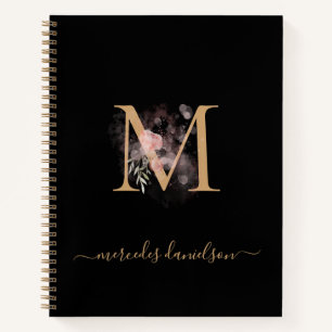 Moderne schwarze goldene Blush-Rosa Blumenmonogram Notizbuch