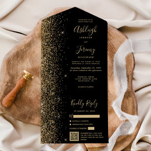 Moderne schwarze goldene Glitter-QR-Code-Hochzeit All In One Einladung