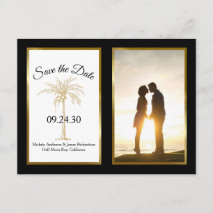 Moderne schwarze goldene Palmwedding-Save-the-Date Ankündigungspostkarte