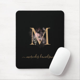 Moderne schwarze goldene Rosa Blumenmonogramm Mousepad