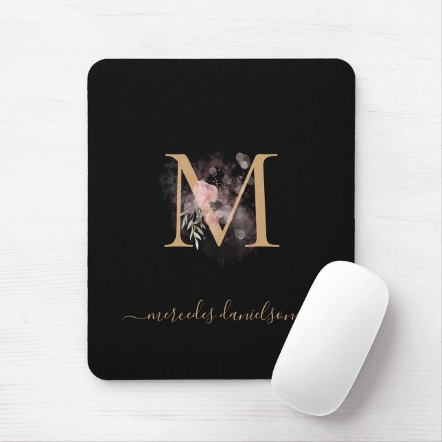 Moderne schwarze goldene Rosa Blumenmonogramm  Mousepad (Mit Mouse)