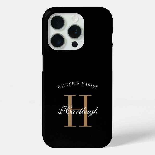 Moderne schwarze goldene weiße Monogramm-Name Case-Mate iPhone Hülle (Rückseite)