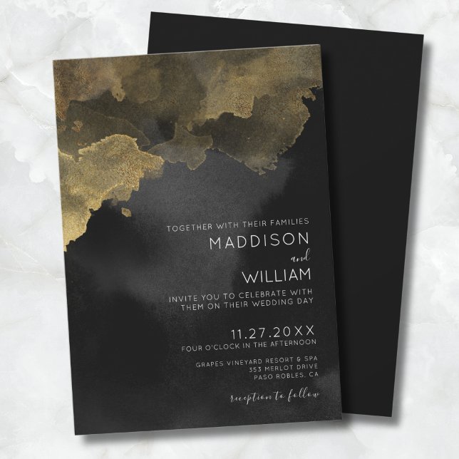 Moderne Schwarze Goldhochzeit Einladung (Modern Watercolor Black Gold Wedding Invitation)
