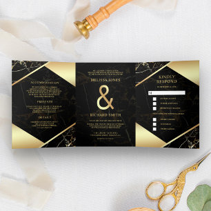 Moderne schwarze Goldmarmor-Et-Zeichen-Hochzeit Dreifach Gefaltete Einladung