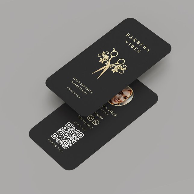 Moderne schwarze Goldschere mit Friseur Visitenkarte (Hairstylist Barbershop Black Gold Scissors Floral Business Card
)