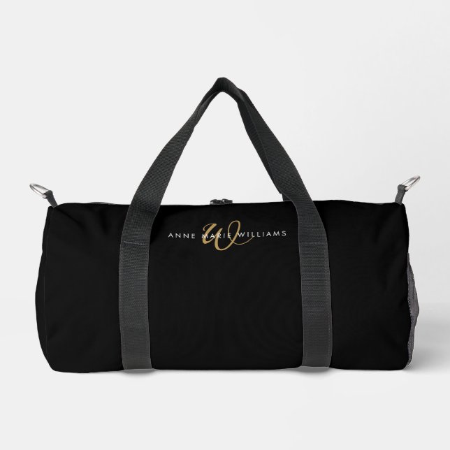 Moderne schwarze Goldschrift-Monogramm Duffle Bag (Vorderseite)